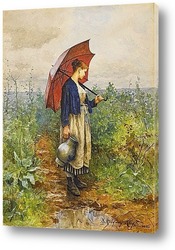    Женщина с зонтиком сбор воды