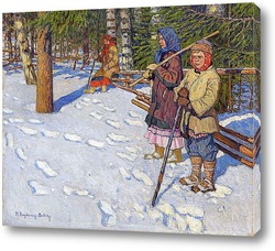   Картина Дети в зимнем лесу