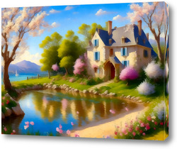   Картина Дом у озера в летний день на фоне гор