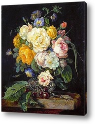   Натюрморт с букетом цветов, вишнями и часами (1655-1565) (Вена, 