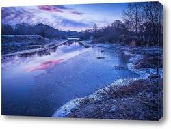   Картина Раннее, морозное весеннее утро на речке наполовину покрытой тонкой ледяной коркой