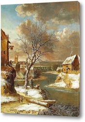   Картина Зимний пейзаж с фигуристами на замерзшей реке