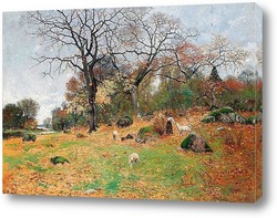   Картина Осенний пейзаж с девушкой пастбища и скот