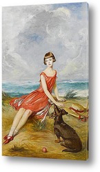    Портрет молодой девушки с ее собакой на берегу моря