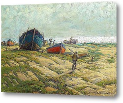   Картина Рыбаки и рыбацкие лодки на берегу