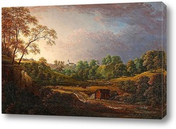   Картина Обширный пейзаж с водопадом, домашним скотом и церковью в фоново
