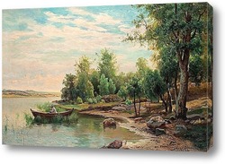   Картина Вид на озеро с рыбаком в лодке