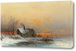    Зимняя картина с коттеджем на реке