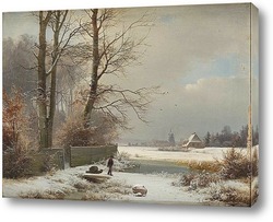    Человек с санями в зимнем пейзаже