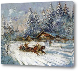   Картина Тройка лошадей скачущая по снегу