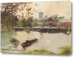   Картина Пейзаж с прудом и лодками