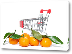   Картина свежие мандарины и корзина для покупок на белом изолированном фоне