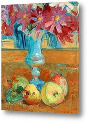    Натюрморт с цветами в вазе и фруктами