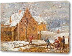    Зимний пейзаж с видом на село с лесорубами