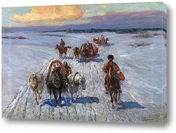  Сани, запряженные лошадьми в снегу