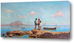   Картина .Дети на рыбалке в заливе Палермо, на фоне горы Пеллегрино