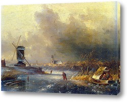   Картина Зимний пейзаж с Конькобежцами на Замерзшей реке