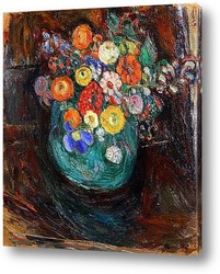    Натюрморт с зеленой вазой и цветами.