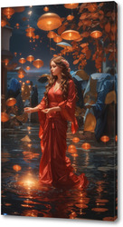   Картина «Грация над водой: Девушка в красном платье и воздушные свечи»