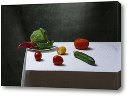   Картина Натюрморт с савойской капустой, помидорами, огурцами, красным перцем, лимоном и тыквой