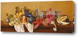  Натюрморт с виноградом, спелым гранатом и бокалом красного вина