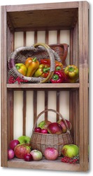   Картина Деревянная  полка с перцами и яблоками