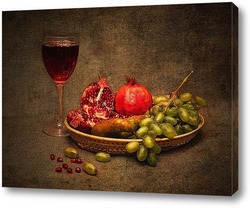   Картина Натюрморт с виноградом, спелым гранатом и бокалом красного вина