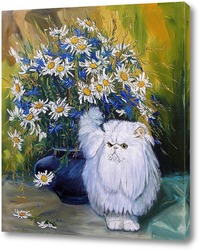   Картина Белый кот и букет ромашек 