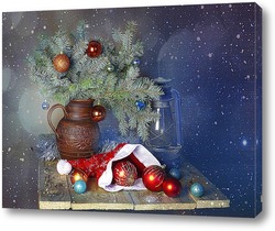   Картина Новогодний фото с ветками ели и новогодними игруками