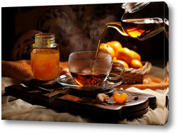   Картина Чай с мандариновым конфитюром на деревянном фоне