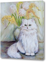   Картина Белый пушистый кот на фоне букета