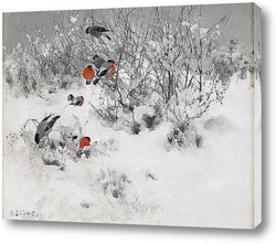  Картина Зимний пейзаж с снегирями