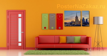 Модульная картина Москва высотки в розовом закате-2