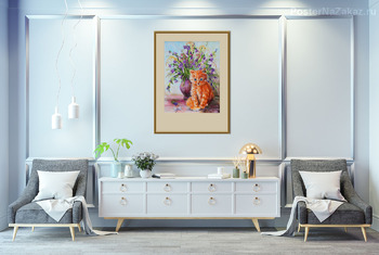 Модульная картина Рыжий котенок и букет колокольчиков