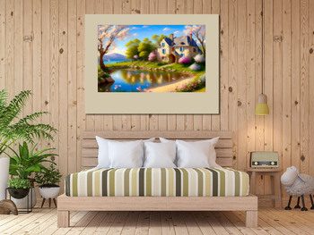 Модульная картина Дом у озера в летний день на фоне гор
