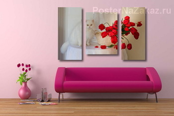 Модульная картина Красные тюльпаны и белый кот