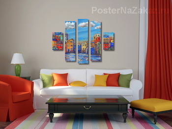 Модульная картина Городок у моря с облаками