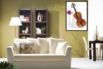 Модульная картина Скрипка, две белых вазы и цветок