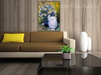 Модульная картина Белый кот и букет ромашек