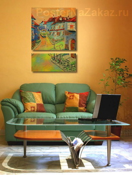 Модульная картина Триптих. Городок. Желто-зеленый трамвай.