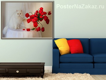 Модульная картина Красные тюльпаны и белый кот