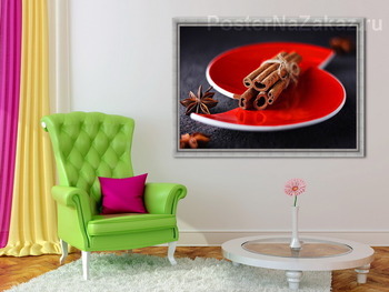 Модульная картина Корица и анис на красной расколотой тарелке.