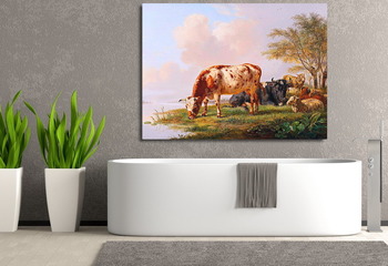 Модульная картина Коровы и овцы на берегу реки