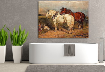 Модульная картина Две рабочие лошадки и отдыхающая собака