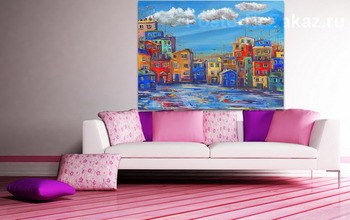 Модульная картина Городок у моря с облаками