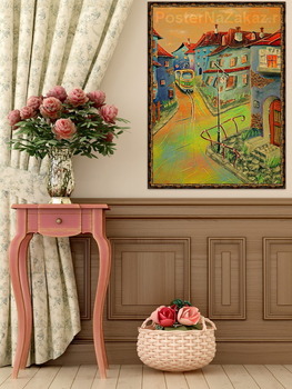 Модульная картина Триптих. Городок. Желто-зеленый трамвай.