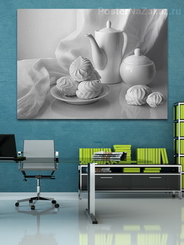 Модульная картина Зефирки на блюдце и чайник на белом фоне