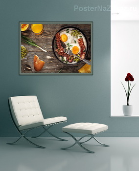 Модульная картина Завтрак. глазунья с беконом, зелёным горошком и свежевыжатым  апельсиновым соком.