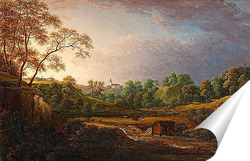   Постер Обширный пейзаж с водопадом, домашним скотом и церковью в фоново