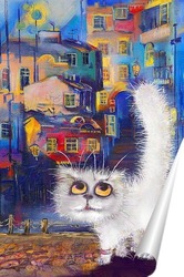   Постер Белый кот и красивый город